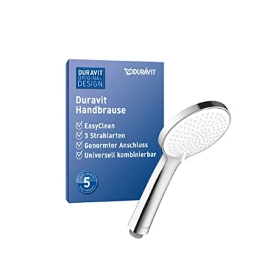 Image of Duravit Universal Shower Head, Handheld Head with 3jet Types (Rain, Intense Rain, Soft Rain), Round (Ø 110 mm), Easy to Clean, Chrome/White