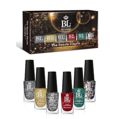 Image of BEL London Razzle Dazzle Luxury 6 Color Glitter Nail Varnish Set for Women Fast Drying, Long Lasting Polish Gift Set, Pack of