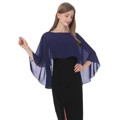 Image of Baoqiya Chiffon Capelets for women Soft Shawls and Wraps Evening Dresses Bridesmaid Wedding Sheer Cape Cover Up, Navy, One Size