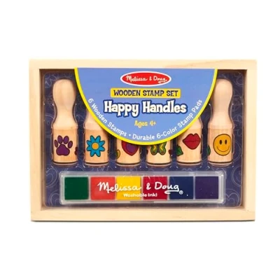 Image of Melissa &amp; Doug Wooden Happy Handle 6 Piece Stamp Set for Children Arts and Crafts Age 4+ Stamps Toys Boys Girls Gifts Art Gift 4 Year Old