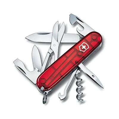 Image of Victorinox Climber Swiss Army Pocket Knife, Medium, Multi Tool, 14 Functions, Blade, Bottle Opener, Red Transparent