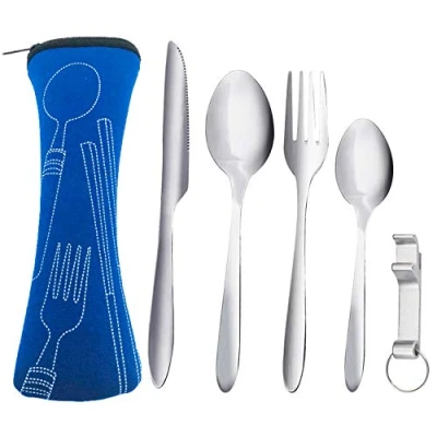 Image of Camping Cutlery Set Stainless Steel Flatware with Knife, Fork, Spoon, ZKSM Tea Bottle Opener Portable Utensils for Travel Include Storage Bag（5 pcs）
