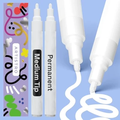 Image of ARTISTRO White Permanent Marker Set of 2 Paint Pen, Oil Based Markers Medium Tip 3mm, Waterproof Quick Dry for Rock Painting, Ceramic, Glass, Wood, Tire, Fabric &amp; More