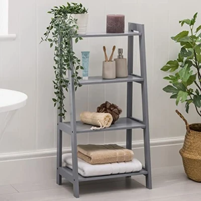 Image of CHRISTOW Grey Ladder Shelf Bathroom Storage Unit 4 Tier Wooden Shelving Display Stand