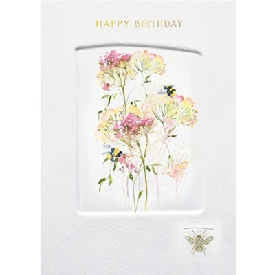 Image of Nigel Quiney Artistic Female Open &#039;Happy Birthday&#039; Greeting Card From The Flower Press Range Embossed With A Gold Foil Finish Bees Illustration