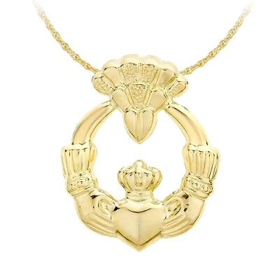 Image of Carissima Gold Women&#039;s 9 ct Yellow Claddagh Pendant on Prince of Wales Chain Necklace 46 cm/18 inch