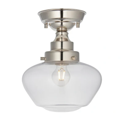 Image of Camberley Bowl Semi Flush Ceiling Light Bright Nickel Plate, Clear Glass, 1x E27