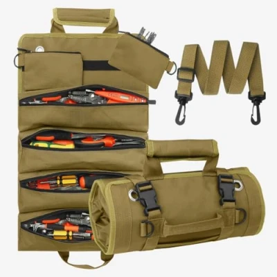 Image of Multi Purpose Tool Bag,Tool roll Bag Small Organiser Heavy Duty Box With Detachable 2 pouches and 4 zipper bags Gifts for Men birthday present(with Long Strap)