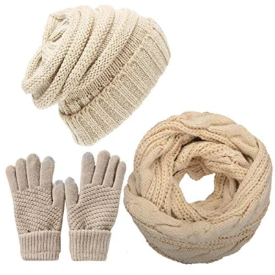 Image of CheChury Winter Hat Scarf and Gloves Set Warm Knitted Beanie Touch Screen for Women Skiing Outdoor Sports,Beige,One size