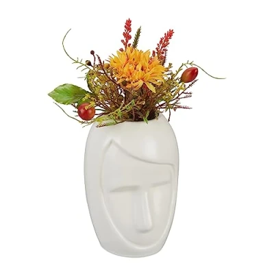 Image of Relaxdays, Face Flower Vase, Ceramic, Decorative, for Pampas Grass and Dried Florals, HxWxD: 14.5 x 9.5 10.5 cm, White