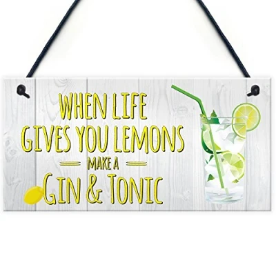 Image of RED OCEAN Life Gives You Lemons Gin Tonic Hanging Sign Vintage Shabby Chic Friendship Gift