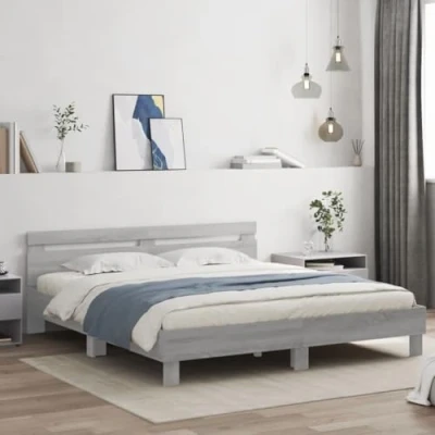 Image of vidaXL Bed Frame with LED Headboard Grey Sonoma, Engineered Wood 200x200 cm for Bedroom