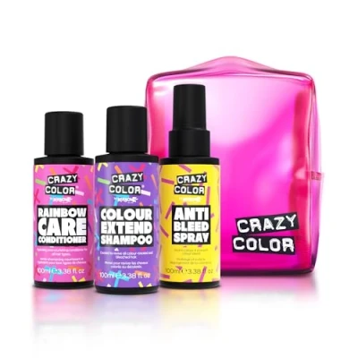 Image of Crazy Color Haircare Travel Kit 3 x 100ml Essentials for Coloured Hair Vibrancy Extend Shampoo, Rainbow Conditioner &amp; Anti Bleed Spray Vegan
