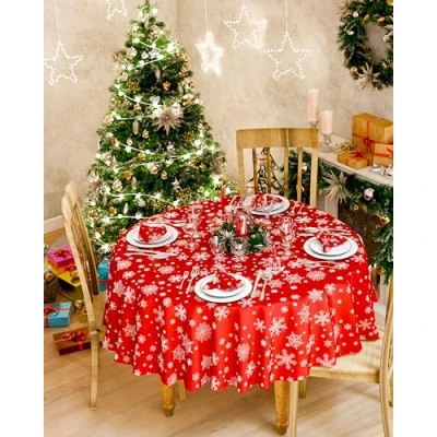 Image of Emma Barclay Christmas Table Cloth, Round Machine Washable Xmas Dining Tablecloth in Red with Silver Snowflake Design 63&quot; (160cm)