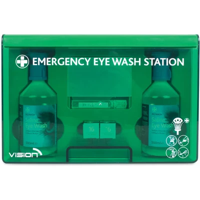 Image of Reliance Medical Eye Wash Station Complete Emergency Solution with Illumination, Includes Bandage, Saline 500 ml, Pods