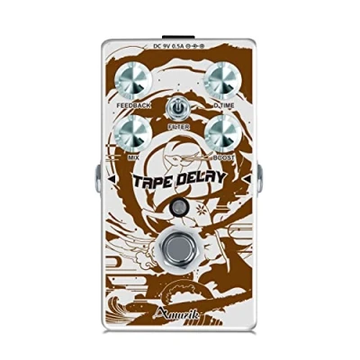 Image of Amuzik Tape Delay Guitar Effects Pedal Mini Size with Art Design for Electric and Bass, Brown white