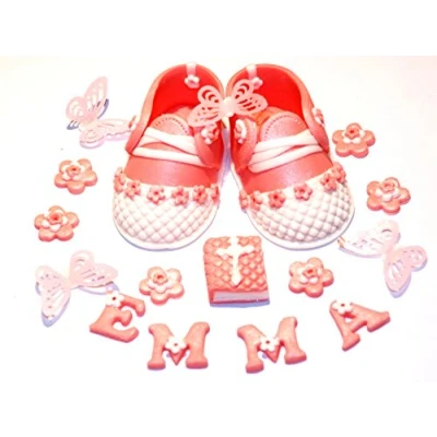 Image of Personalised Edible Pink Baby Shoes Set CHRISTENING/Baby Shower Handmade Sugarpaste Cake Topper Decoration PLEASE SEND YOUR PERSONALISATION INFORMATION