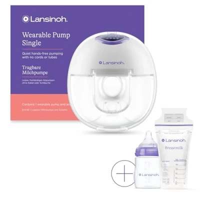 Image of Lansinoh Wearable Electric Breast Pump &amp; Accessories 4 Modes, 9 Suction Levels Hands Free Portable Quiet Pumping LED Display Includes: 25 Milk Storage Bags + Feeding Bottle (1)