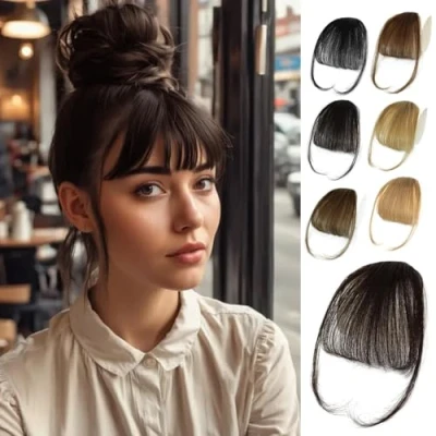 Image of Clip in Bangs 100% Human Hair Wispy Extensions, Dark Brown Air Fringe with Temples Hairpieces for Women Curved Daily Wear (Dark Brown, Bangs)