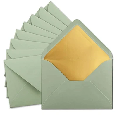 Image of 75 x DIN C5 envelopes, 15.7 22.5 cm, in eucalyptus (green) with golden silk lining, wet gluing, blank postal envelopes without window format, brand: FarbenFroh by Gustav Neuser.