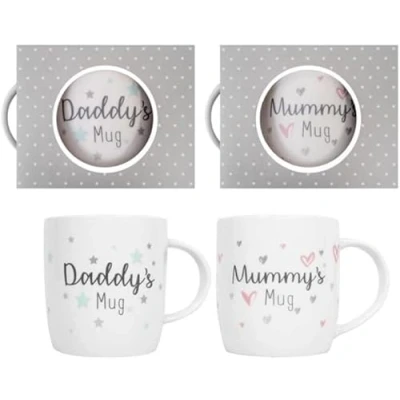 Image of Mummy and Daddy Mug Gift Set for New Parents Bone China Drinks Coffee Tea Latte Cappuccino Mocha Newborn Keepsake