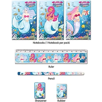 Image of Anilas 5 Piece Stationery Set Pencil, Sharpener, Rubber, Ruler, Notepad (Mermaid)