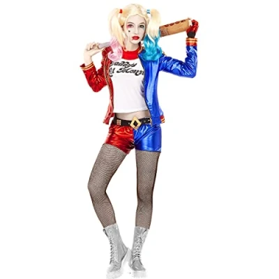 Image of Funidelia Harley Quinn Costume Suicide Squad for woman Superheroes, DC Comics adults accessory fancy dress &amp; props Halloween, carnival parties Size S Blue