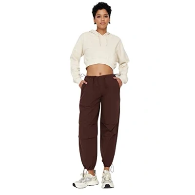 Image of Trendyol Women&#039;s Normal Waist Wide Leg Jogger Jeans Pants, Brown, 14