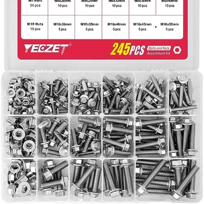 Image of YEEZET 245PCS M6 M8 M10 Heavy Duty Flanged Bolts and Nuts Kit, Stainless Steel 304 Metric Hex Screws Includes 15 Most Common Sizes