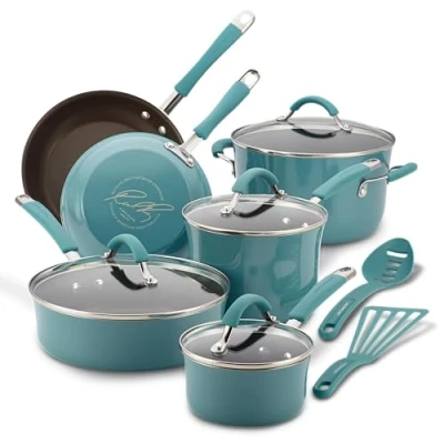 Image of Rachael Ray 16344 Cucina Nonstick Cookware Pots and Pans Set, Aluminum, Agave Blue