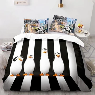 Image of CHENGHUO Madagascar Penguine Bedding Sets for Children, 135 x 200 cm + Pillowcase 80 80, Children&#039;s Bed Linen Girls Boys, Decoration Room (A, 75 50 1)