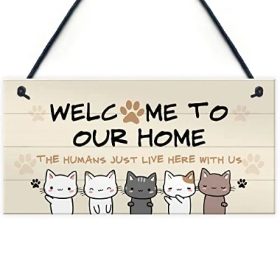 Image of RED OCEAN Cat Sign Welcome To Our Home Lover Gift Hanging Door For Men Women