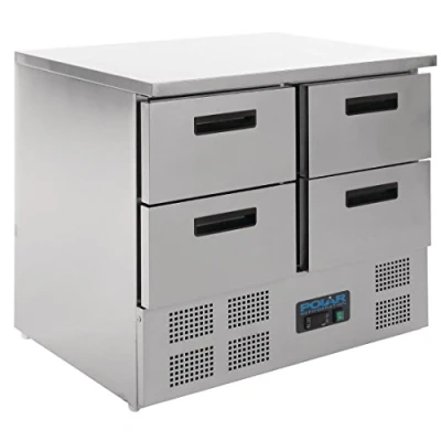 Image of Polar Refrigeration G Series 155W 4 Drawer Counter Fridge 240 Litre, Stainless Steel, 2C to 5C, 880(H)x900(W)x700(D)mm, Fan Assisted Rapid Cooling, Energy Rating C U638