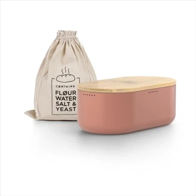 Image of LARS NYSØM Bread Bin I Metal box with linen bag for long lasting freshness bamboo lid usable as cutting board 14.2x7.5x5.1 In (Brick Red)