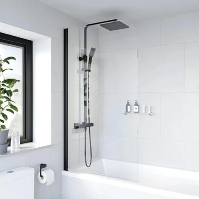 Image of LUXURA® Black Over Bath Shower Screen Door 6mm Clear Toughened Safety Easy Clean Glass Panel Bathroom Hinged Screens 1400 x 800mm 180 Pivot