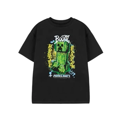 Image of Minecraft Creeper Black Graphic Tee Boom Hostile Behaviour Short Sleeve T Shirt for Boys Casual Crew Neck Top Iconic Gaming Character Apparel Merchandise