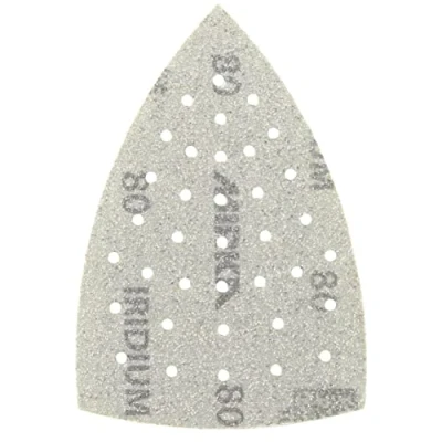 Image of Mirka Iridium sanding Triangle Premium Sandpaper 100x152x152mm 36 hole Grip, Grit 80, 50 pcs / For paint, putty, primer, wood, steel, mineral materials, plastic.