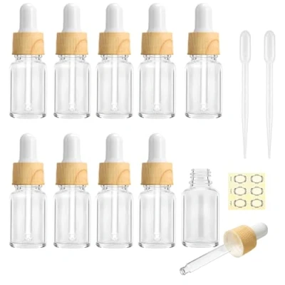 Image of JamHooDirect 10Pcs, 10ml Clear Glass Bottles with Dropper Pipettes, Mini Empty Wood Grain Plastic Cap Refillable Sample Container for Essential Massage oils/Chemical Liquid