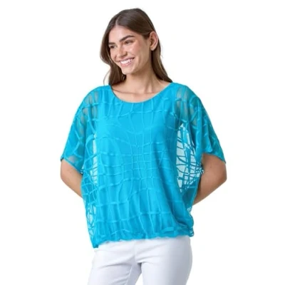 Image of Roman Womens Abstract Check Print Blouson Top Turquoise Size 10 UK