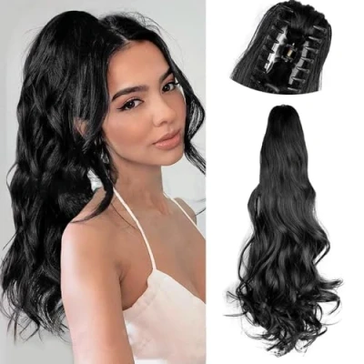 Image of RPAEOY Ponytail Hair Hairpieces for Women 22 Inch Claw Clip in Extension Fluffy Curly Natural Synthetic Fiber Wigs Replacement Cosplay Daily Use Party Wear (Black)