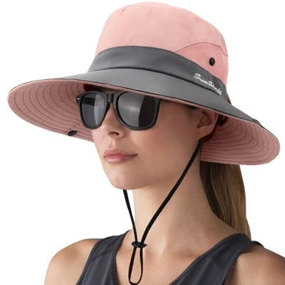 Image of DRESHOW Women Sun Hat Outdoor UV Protection Foldable Mesh Wide Brim Fishing Ponytail Beach Bucket Hats with Eyeglasses