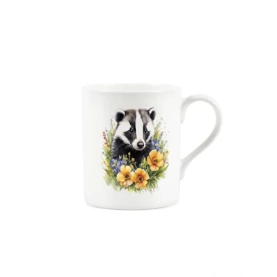 Image of Purely Home Floral Badger Mug Animals &amp; Flowers Nature Gifts Creatures Great Small Wildlife Themed Present Bone China Coffee/Tea Hot Drinks White Cup