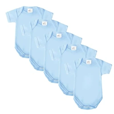 Image of Baby Bodysuits, Vests, Newborn Cotton Short Sleeved Bodysuit, British Made for Boys or Girls, 5 Pack, Blue,