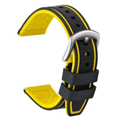 Image of ULLCHRO Silicone Watch Strap Replacement Rubber Band Waterproof Bicolor Men Women 20, 22, 24, 26mm Bracelet with Brushed Stainless Steel Buckle Black (22mm, &amp; Yellow)