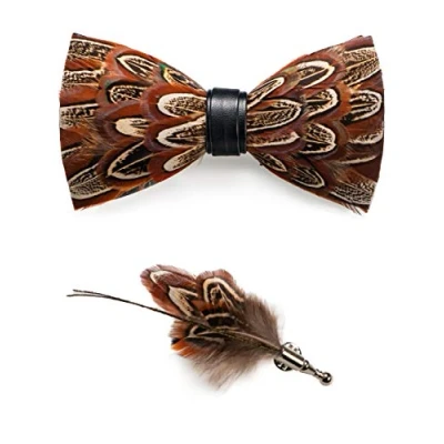 Image of JEMYGINS Handmade Brown Feather Pre tied Bow tie and Brooch Sets for Men (14)