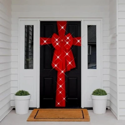 Image of Extra Large Deluxe Christmas Fabric Door Bow &amp; Ribbon Full Wrap White LED Light Wedding Traditional Xmas Party Gifts Outdoor Front (Red with Lights)