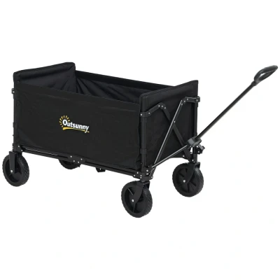 Image of Outsunny 120L Folding Garden Trolley Cart, Outdoor Collapsible Wagon with Wheels and Adjustable Handle for Beach, Camping, Festival, Black