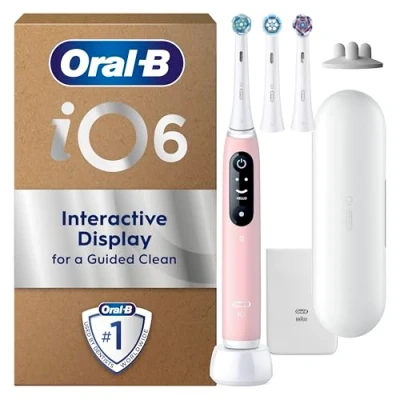 Image of Oral B iO6 Electric Toothbrush for Adults, 3 Heads, Travel Case &amp; Head Holder, 5 Modes with Teeth Whitening, 2 Pin UK Plug, Pink