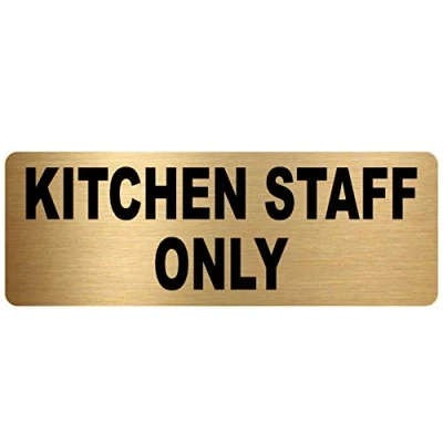 Image of METAL Kitchen Staff ONLY Sign TEXT Brushed Gold Aluminium Safety Security Door Notice Office Shop Warehouse School Cafe