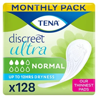 Image of TENA Discreet Ultra Individually Packaged Hygiene Pads for Women Mild to Moderate Bladder Weakness, Incontinence and Loss of Droplets, 128 in a Monthly Pack (8 x 16 pieces)
